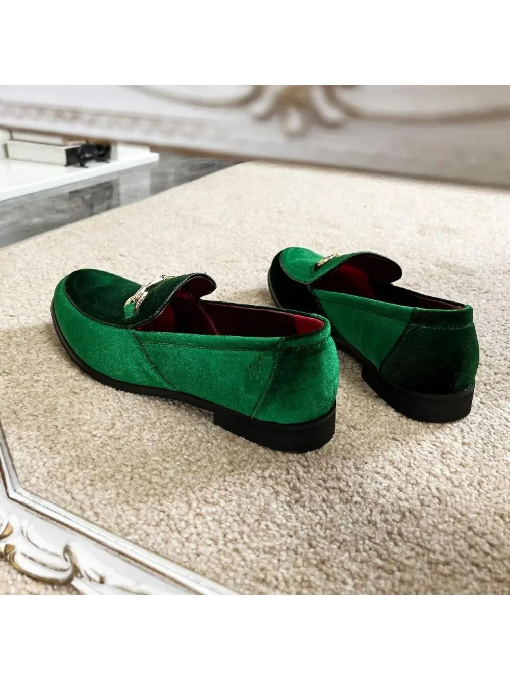 LCQL Men's Grass Green Leather Velvet Loafer Gold Buckle Slip On Luxury Shoes
